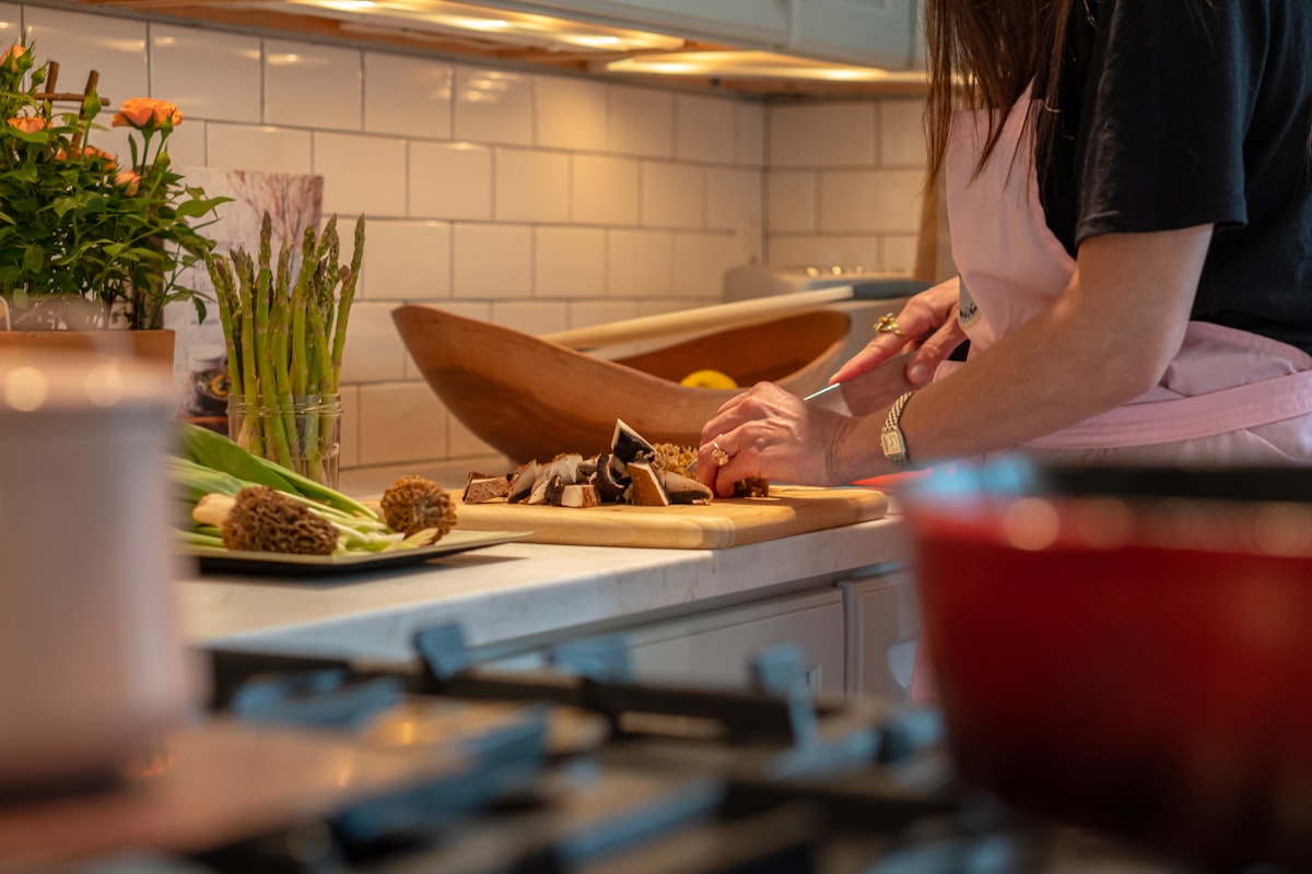 Organized kitchen with prepared ingredients and meal containers